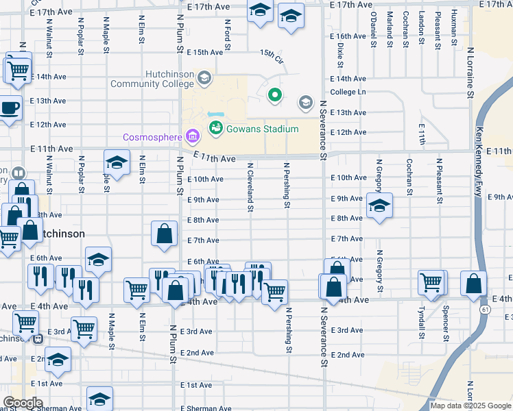 map of restaurants, bars, coffee shops, grocery stores, and more near 707 East 9th Avenue in Hutchinson