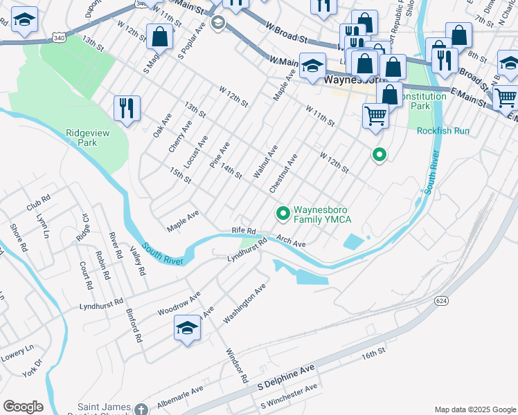 map of restaurants, bars, coffee shops, grocery stores, and more near 629 Chestnut Avenue in Waynesboro