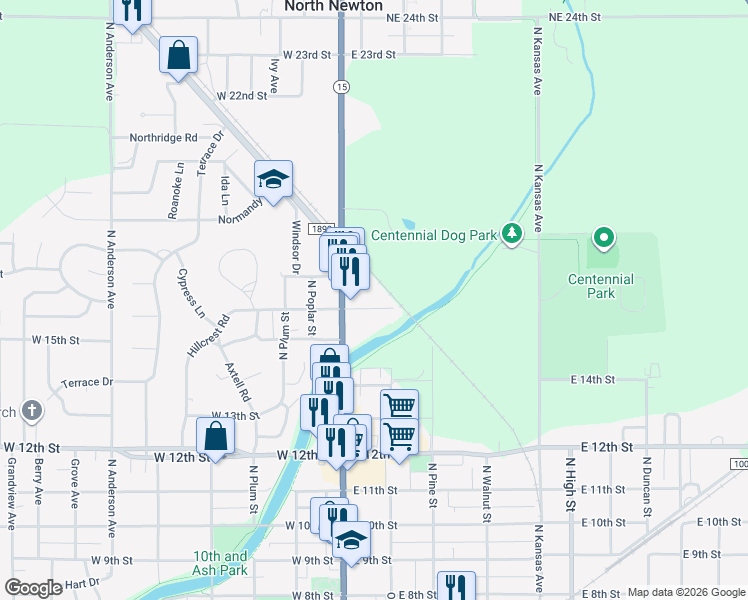 map of restaurants, bars, coffee shops, grocery stores, and more near 120 East 16th Street in Newton