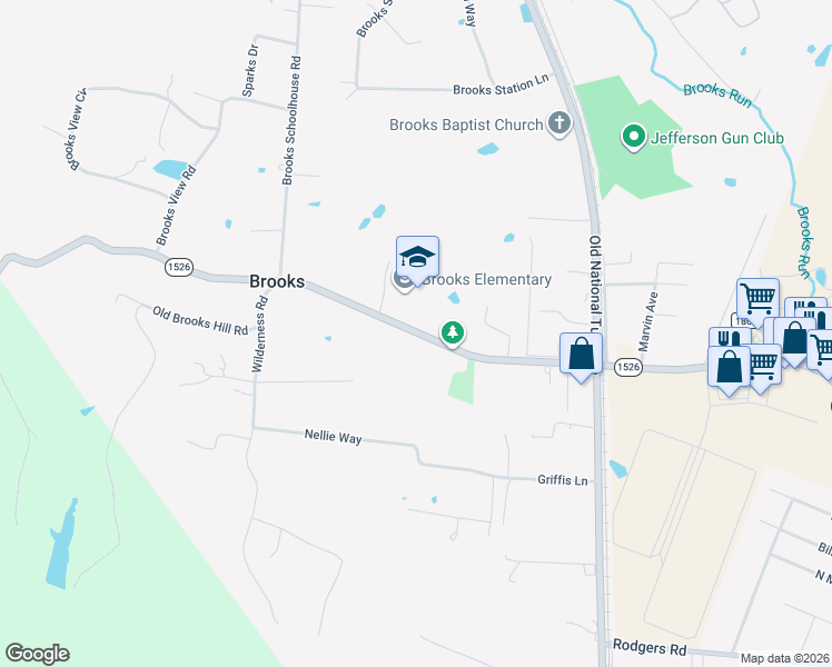 map of restaurants, bars, coffee shops, grocery stores, and more near 1371 Brooks Hill Road in Brooks