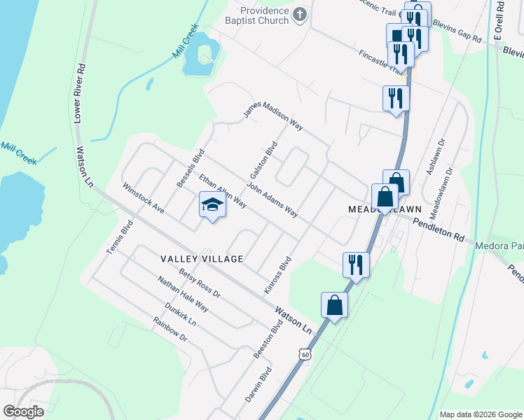 map of restaurants, bars, coffee shops, grocery stores, and more near 7009 Ethan Allen Way in Louisville