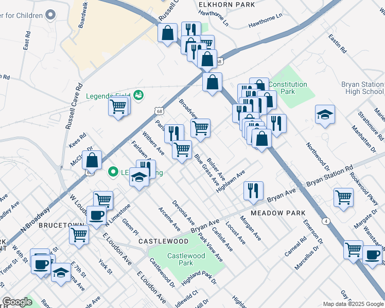 map of restaurants, bars, coffee shops, grocery stores, and more near 1330 North Limestone in Lexington