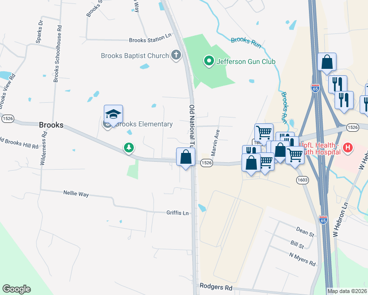 map of restaurants, bars, coffee shops, grocery stores, and more near 3463 Coral Ridge Road in Brooks