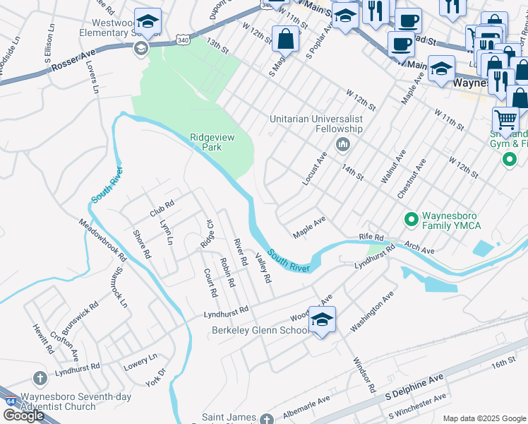 map of restaurants, bars, coffee shops, grocery stores, and more near 835 Oak Avenue in Waynesboro