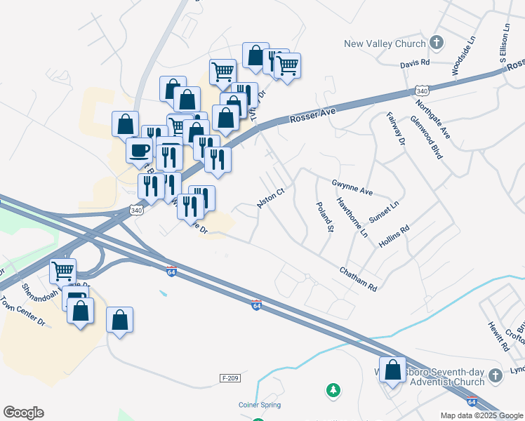map of restaurants, bars, coffee shops, grocery stores, and more near 1639 Chatham Rd in Waynesboro