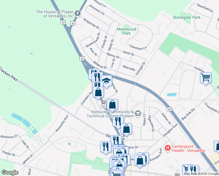 map of restaurants, bars, coffee shops, grocery stores, and more near 180 Frankfort Street in Versailles