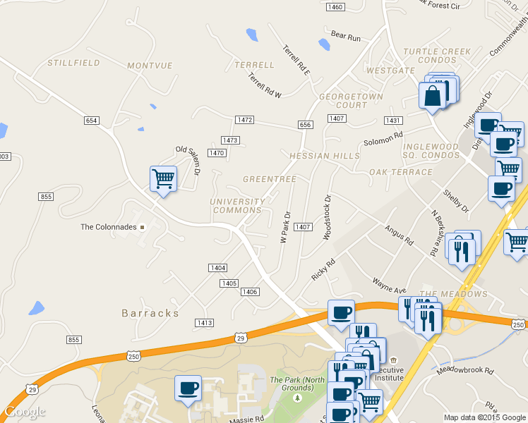 map of restaurants, bars, coffee shops, grocery stores, and more near 141 Hessian Hills Circle in Charlottesville