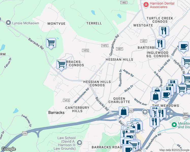 map of restaurants, bars, coffee shops, grocery stores, and more near 141 Hessian Hills Circle in Charlottesville