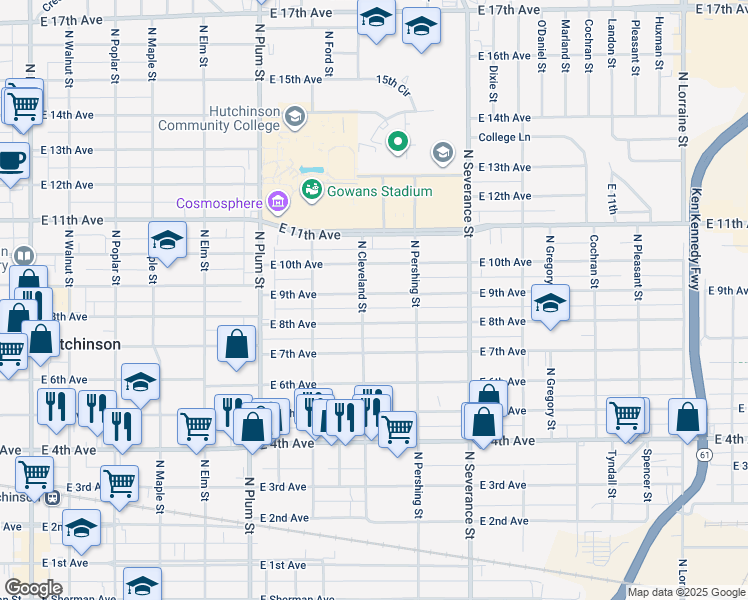 map of restaurants, bars, coffee shops, grocery stores, and more near 707 East 9th Avenue in Hutchinson