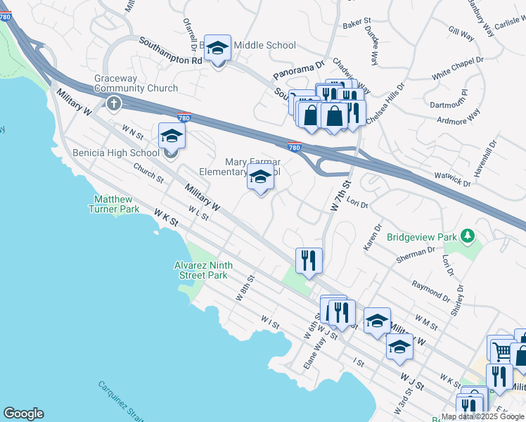 map of restaurants, bars, coffee shops, grocery stores, and more near 901 Military West in Benicia