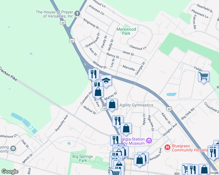 map of restaurants, bars, coffee shops, grocery stores, and more near 180 Frankfort Street in Versailles