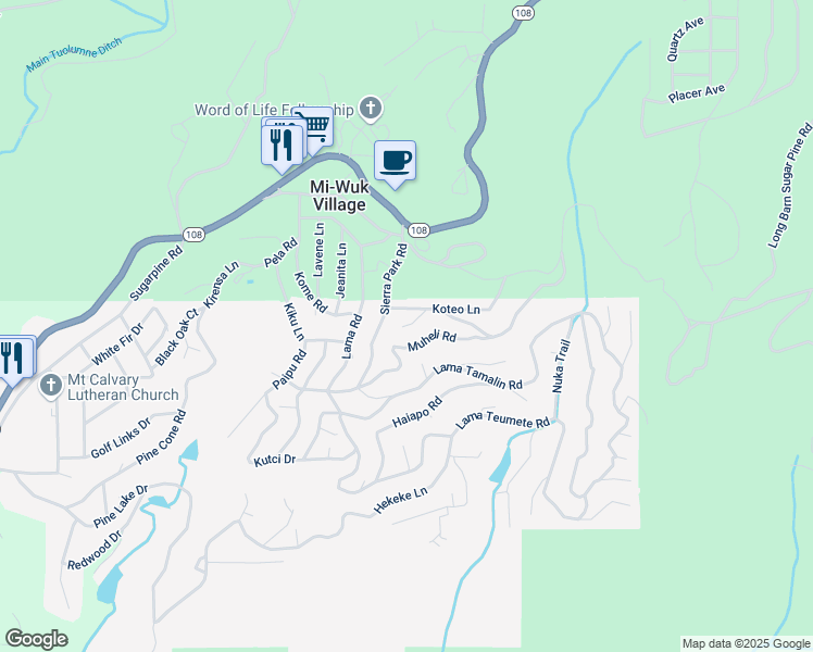 map of restaurants, bars, coffee shops, grocery stores, and more near 24277 Koteo Court in Mi-Wuk Village