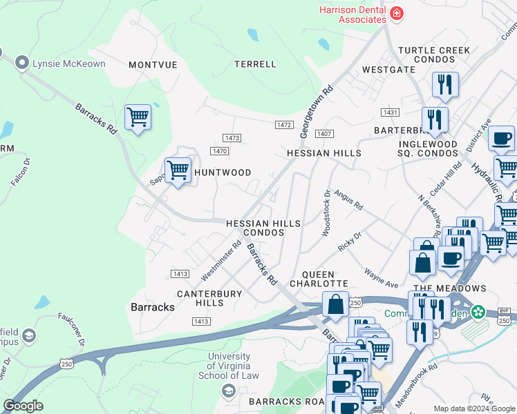 map of restaurants, bars, coffee shops, grocery stores, and more near 141 Hessian Hills Circle in Charlottesville