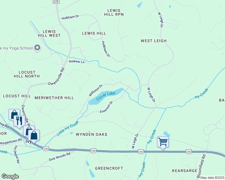 map of restaurants, bars, coffee shops, grocery stores, and more near 2445 Williston Drive in Charlottesville