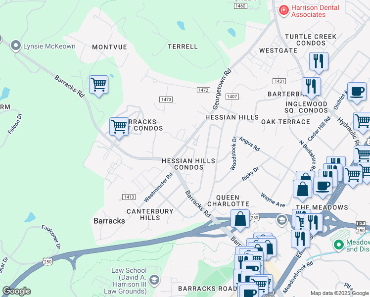 map of restaurants, bars, coffee shops, grocery stores, and more near 141 Hessian Hills Circle in Charlottesville
