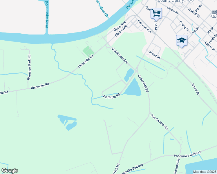 map of restaurants, bars, coffee shops, grocery stores, and more near 1826 Pit Circle Road in Pocomoke City