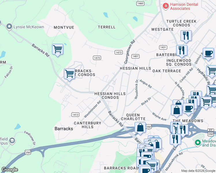 map of restaurants, bars, coffee shops, grocery stores, and more near 141 Hessian Hills Circle in Charlottesville