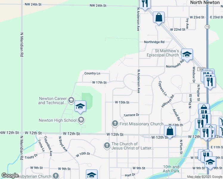 map of restaurants, bars, coffee shops, grocery stores, and more near 724 Cottonwood Lane in Newton