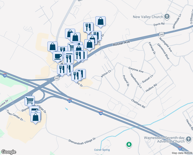 map of restaurants, bars, coffee shops, grocery stores, and more near 205 Brandon Circle in Waynesboro
