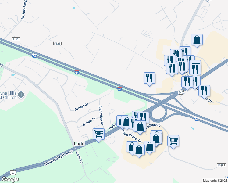 map of restaurants, bars, coffee shops, grocery stores, and more near 255 Sunset Drive in Waynesboro