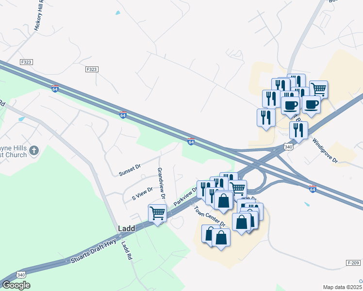 map of restaurants, bars, coffee shops, grocery stores, and more near 255 Sunset Drive in Waynesboro