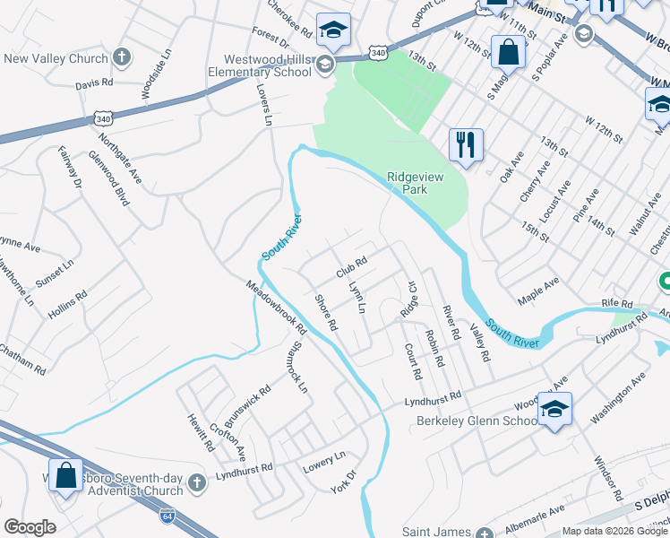 map of restaurants, bars, coffee shops, grocery stores, and more near 1217 Brookwood Lane in Waynesboro