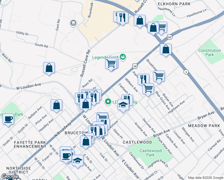 map of restaurants, bars, coffee shops, grocery stores, and more near 1118 North Broadway in Lexington