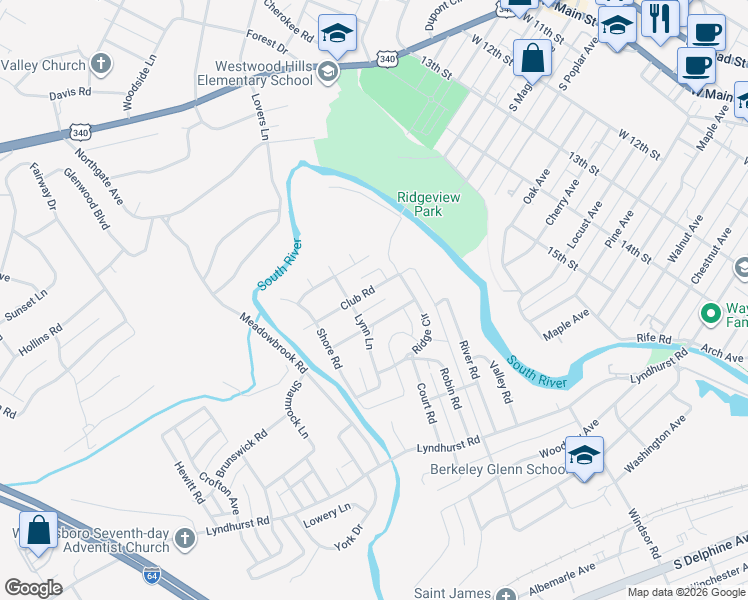 map of restaurants, bars, coffee shops, grocery stores, and more near 1140 Club Road in Waynesboro
