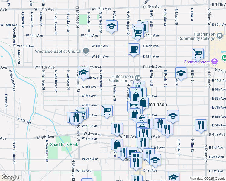 map of restaurants, bars, coffee shops, grocery stores, and more near 119 West 9th Avenue in Hutchinson