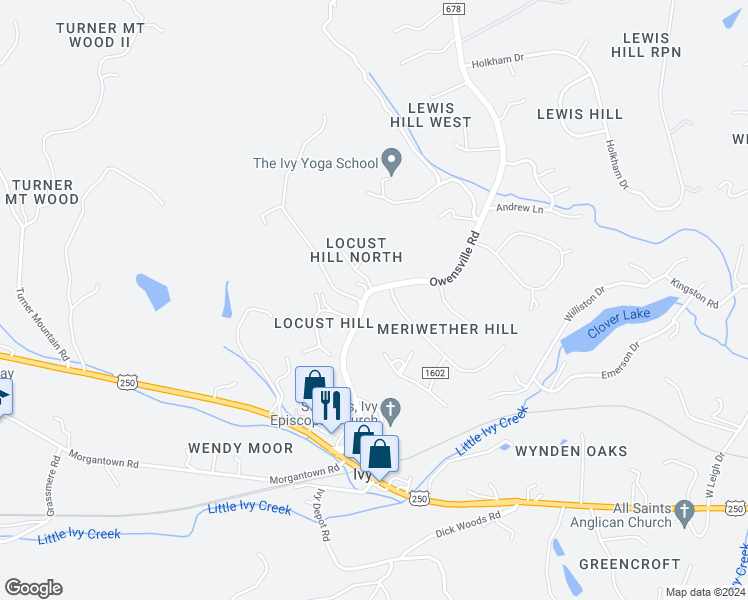 map of restaurants, bars, coffee shops, grocery stores, and more near 945 Owensville Road in Charlottesville