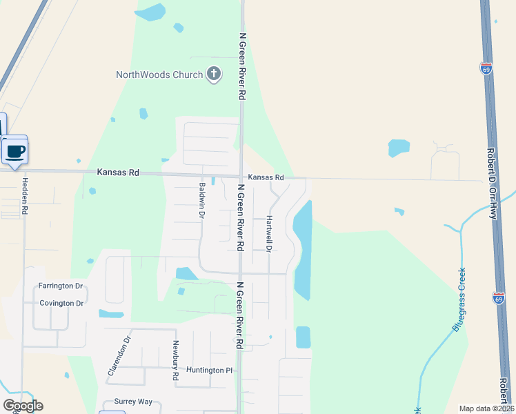 map of restaurants, bars, coffee shops, grocery stores, and more near 9319 Hedgewood Court in Evansville