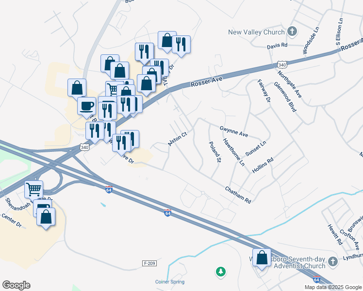 map of restaurants, bars, coffee shops, grocery stores, and more near 1639 Chatham Rd in Waynesboro