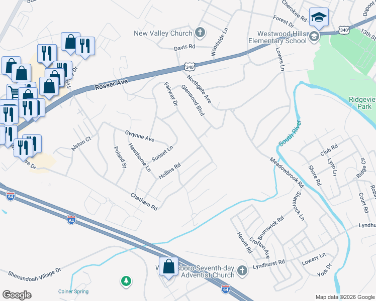 map of restaurants, bars, coffee shops, grocery stores, and more near 1223 Hollins Rd in Waynesboro