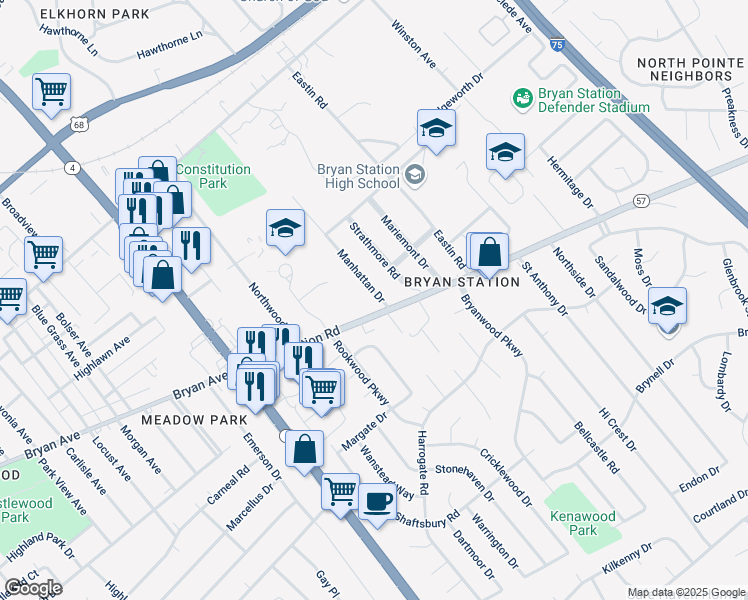 map of restaurants, bars, coffee shops, grocery stores, and more near 386 Manhattan Drive in Lexington