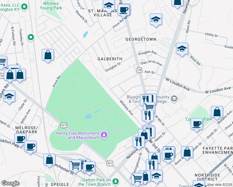 map of restaurants, bars, coffee shops, grocery stores, and more near 912 Charles Avenue in Lexington