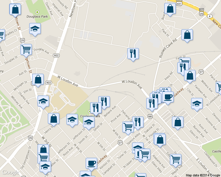map of restaurants, bars, coffee shops, grocery stores, and more near 298 West Loudon Avenue in Lexington