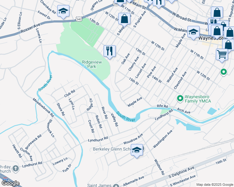 map of restaurants, bars, coffee shops, grocery stores, and more near 835 Oak Avenue in Waynesboro