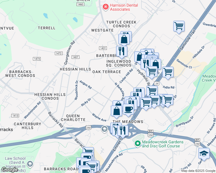 map of restaurants, bars, coffee shops, grocery stores, and more near 107 Linda Court in Charlottesville