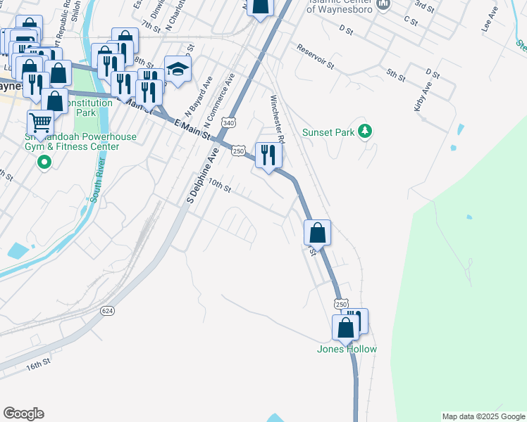 map of restaurants, bars, coffee shops, grocery stores, and more near 1116 10th Street in Waynesboro