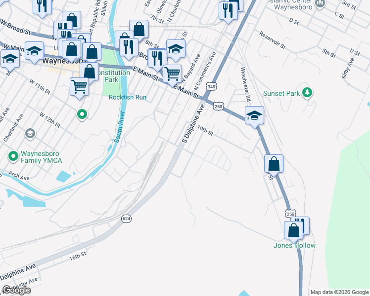 map of restaurants, bars, coffee shops, grocery stores, and more near 266 South Delphine Avenue in Waynesboro