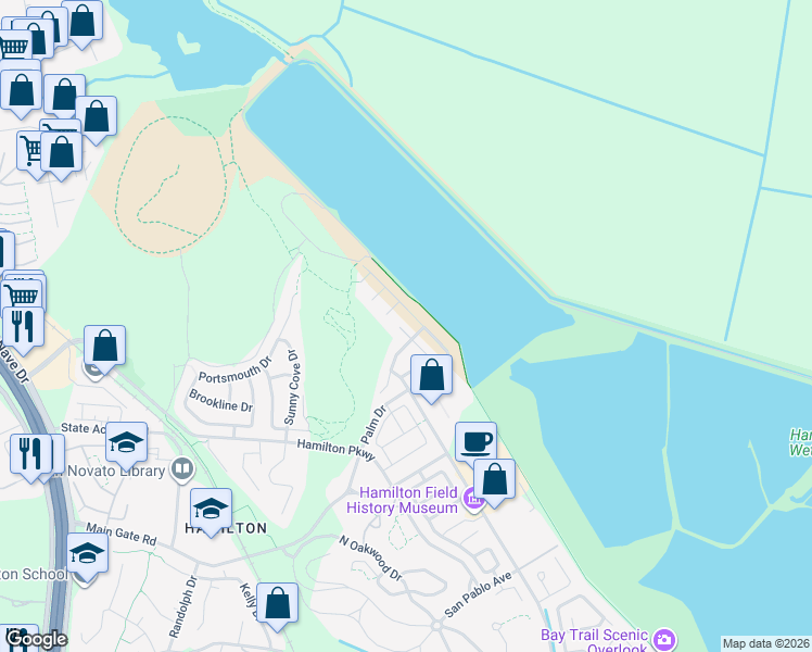 map of restaurants, bars, coffee shops, grocery stores, and more near 18 Altamira Court in Novato