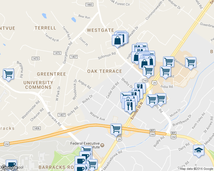 map of restaurants, bars, coffee shops, grocery stores, and more near 107 Linda Court in Charlottesville