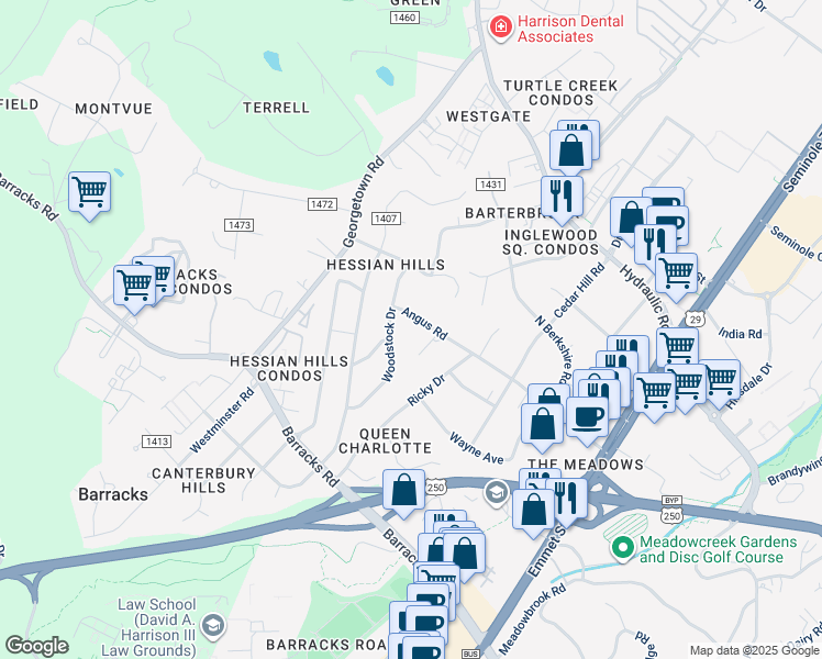 map of restaurants, bars, coffee shops, grocery stores, and more near 122 Woodstock Drive in Charlottesville