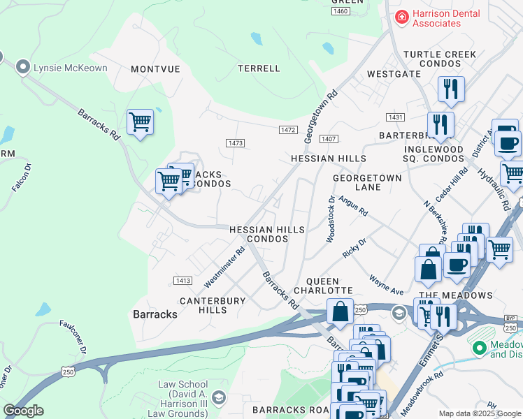map of restaurants, bars, coffee shops, grocery stores, and more near 141 Hessian Hills Circle in Charlottesville