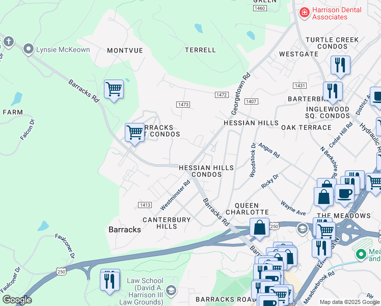 map of restaurants, bars, coffee shops, grocery stores, and more near 101 Georgetown Rd in Charlottesville