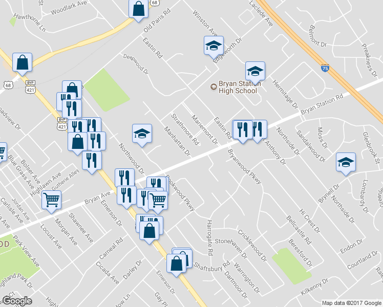 map of restaurants, bars, coffee shops, grocery stores, and more near 386 Manhattan Drive in Lexington