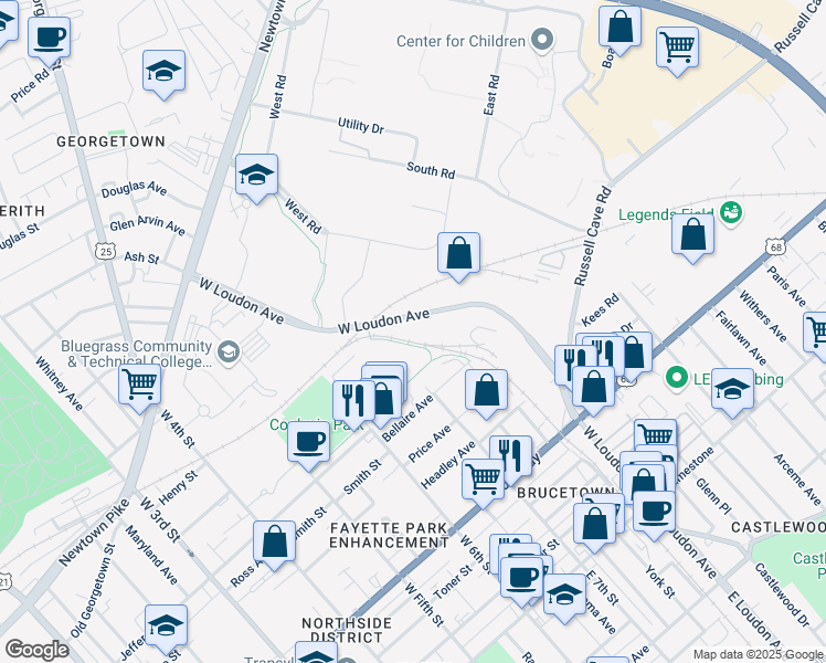 map of restaurants, bars, coffee shops, grocery stores, and more near 298 West Loudon Avenue in Lexington