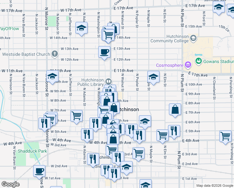 map of restaurants, bars, coffee shops, grocery stores, and more near 815 North Walnut Street in Hutchinson