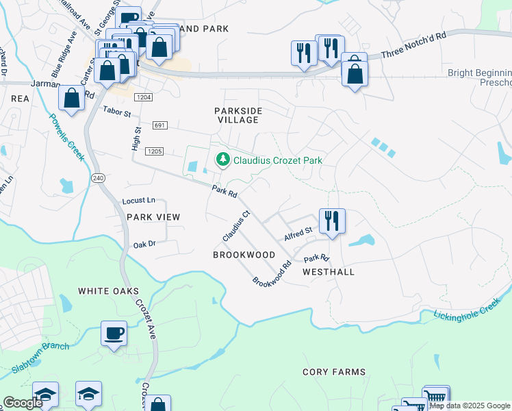map of restaurants, bars, coffee shops, grocery stores, and more near 5608 Park Road in Crozet