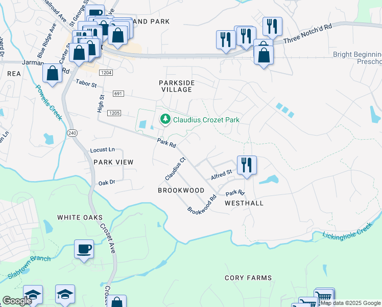 map of restaurants, bars, coffee shops, grocery stores, and more near 5608 Park Road in Crozet